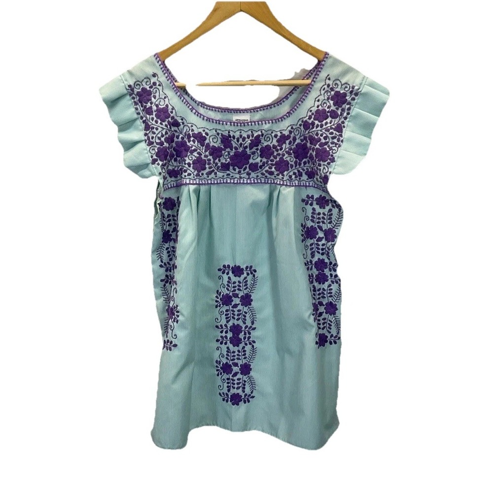 Mexican Blouse Womens M‎ Blue Stripe Embroidered Floral Peasant Boho Festival